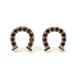 Black Cubic Zirconia Horse Shoes Stud Earrings, Brass Jewelry for Women, Long-Lasting Plated, Lead Free & Cadmium Free, Real 18K Gold Plated, 10x10mm, Pin: 0.8mm(EJEW-L234-081G)