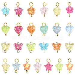 40Pcs 4 Styles Transparent Resin Connector Charms, with Brass Findings, Golden, Flower/Star/Butterfly/Heart, Mixed Color, 12~17.5mm, Hole: 2.7mm, 10pcs/style(PALLOY-YW00174)
