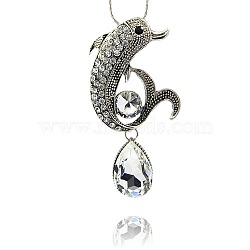 Alloy Rhinestone Pendants, Trendy Pendant Necklace Findings, Dolphin with Teardrop, Antique Silver, 92x47x3mm, Hole: 7mm(TIBE-M001-140)