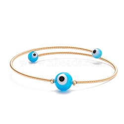 Lampwork Round with Evil Eye Beaded Cuff Bangle, Gold Plated Copper Torque Bangle for Women, Deep Sky Blue, Inner Diameter: 2-1/4 inch(5.6cm)(BJEW-JB08333-02)