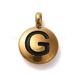 304 Stainless Steel Black Enamel Charms, Golden, Flat Round with Letter Charm, Letter G, 11x8x2.5mm, Hole: 1.8mm(STAS-R009-01G-G)