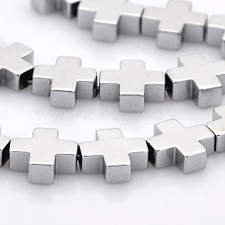Electroplate Non-magnetic Synthetic Hematite Greek Cross Beads Strands, Silver Plated, 10x10x4mm, Hole: 1mm, about 39pcs/strand, 15.5 inch(G-P061-33)
