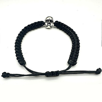 Skull Head Alloy Braided Bead Bracelets, Adjustable Polyester Cord Bracelets for Women, Black, no size