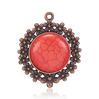 Alloy Pendants, with Synthetic Turquoise, Dyed, Flat Round, Nickel Free, Red Copper, FireBrick, 49x41x8mm, Hole: 3mm