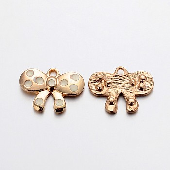 Light Gold Plated Alloy Enamel Bowknot Charms, White, 15x21x3mm, Hole: 2mm