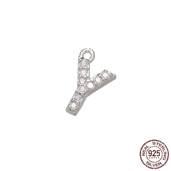 Real Platinum Plated Rhodium Plated 925 Sterling Silver Micro Pave Clear Cubic Zirconia Charms, Initial Letter, Letter Y, 9.5x6x1.5mm, Hole: 0.9mm