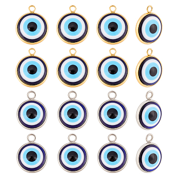 32Pcs 2 Colors Opaque Resin Evil Eye Pendants, Flat Round Charm, with 304 Stainless Steel Settings, Golden & Stainless Steel Color, 16.5x14x4.5mm, Hole: 2.3mm, 16pcs/color
