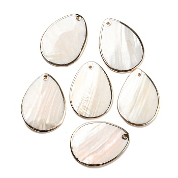 Natural Freshwater Shell Pendants, Teardrop Charms with Brass Edge, Golden, 40~40.5x29~29.5x2~3mm, Hole: 1.4mm