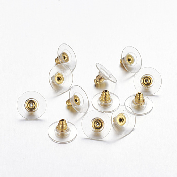 Brass Bullet Clutch Earring Backs, with Plastic Pads, Ear Nuts, Golden Color, Size: about 12mm in diameter, 7mm thick, hole:  1mm