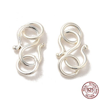 925 Sterling Silver S Shape Clasps, with Double Jump Rings, Silver, 14.5mm