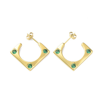 Cubic Zirconia Rectangle Stud Earrings, Golden 304 Stainless Steel Half Hoop Earrings for Women, Green, 19.5x20.5x2.5mm, Pin: 0.7mm