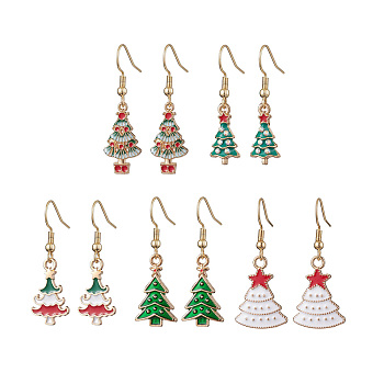 5Pairs 5 Styles Christmas Tree Alloy Enamel Dangle Earrings, 304 Stainless Steel Earrings for Women, Mixed Color, 32~39x9~16mm, 1pair/style