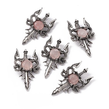 Natural Rose Quartz Pendants, Sword Charms, with Rack Plating Antique Silver Tone Alloy Findings, Cadmium Free & Lead Free, Faceted, 48x29x6.5mm, Hole: 6x3.5mm