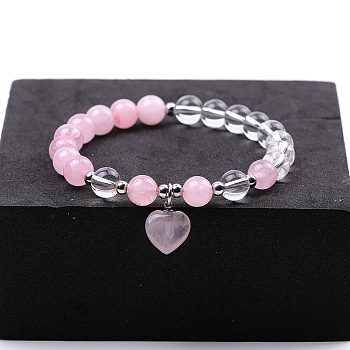 Round Natural Rose Quartz & Quartz Crystal Beaded Stretch Bracelets, Heart Charm Bracelets for Women