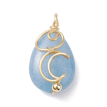 Natural Quartz Dyed Copper Wire Wrapped Pendants, Teardrop Charms with Moon, Imitation Aquamarine, Golden, 24x13x7.5~8mm, Hole: 2~2.5mm