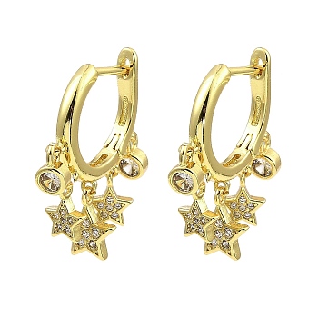 Rack Plating Brass Star Dangle Hoop Earrings with Cubic Zirconia, Long-Lasting Plated, Lead Free & Cadmium Free, Real 18K Gold Plated, 26x19x2.5mm