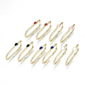 Brass Enamel Huggie Hoop Earrings, Rectangle with Teardrop, Real 18K Gold Plated, Nickel Free, Mixed Color, 32x15~16x4mm, Pin: 0.9mm