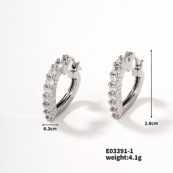 Heart-shaped Diamond Inlaid Hoop Earrings, Simple European and American Style, Platinum, Clear, 20x3mm