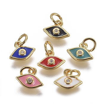 Brass Micro Pave Cubic Zirconia Pendants, with Enamel, Evil Eye, Golden, Mixed Color, 8x10x2mm, Hole: 3mm