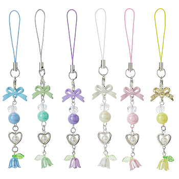 6Pcs 6 Colors Alloy with Plastic Mobile Straps, with Mobile Phone Lanyard Patch, Bowknot Flower, Mixed Color, 134x20x11mm, 1pc/color