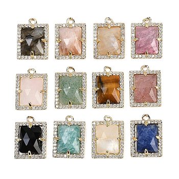 Natural Mixed Gemstone Faceted Rectangle Pendants, Rack Plating Brass Micro Pave Cubic Zirconia Charms, Golden, 15.5x11.5x4.5mm, Hole: 1.4mm