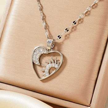 Gorgeous Brass Micro Pave Clear Cubic Zirconia Heart with Moon Sun Pendant Elegant Fashion Necklaces, Silver, 15.75 inch(40cm)