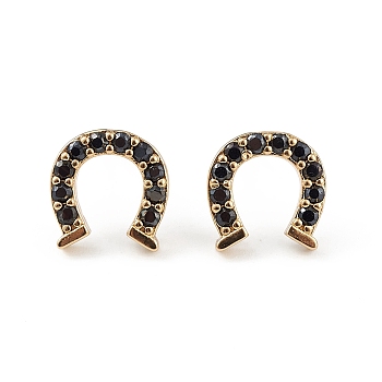 Black Cubic Zirconia Horse Shoes Stud Earrings, Brass Jewelry for Women, Long-Lasting Plated, Lead Free & Cadmium Free, Real 18K Gold Plated, 10x10mm, Pin: 0.8mm