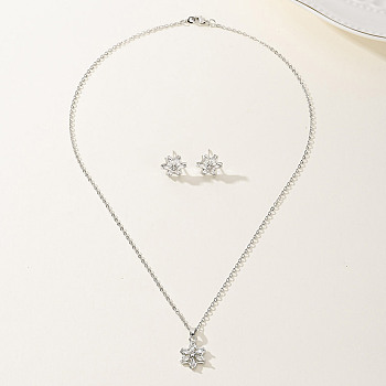 Vintage Retro Elegant Brass Cubic Zirconia Flower Stud Earrings & Necklaces Set for Women, Clear