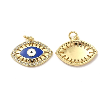 Brass Micro Pave Cubic Zirconia Pendants, with Enamel & Jump Ring, Evil Eye Charm, Golden, Royal Blue, 16x21x3mm, Hole: 3.3mm