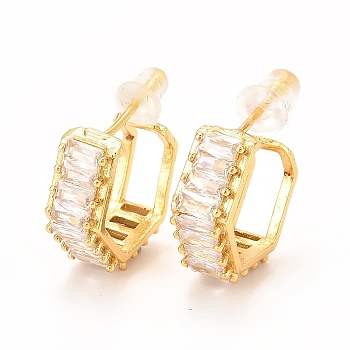 Brass Micro Pave Cubic Zirconia Stud Earrings, Long-Lasting Plated, Ring, Real 18K Gold Plated, 18x15x6mm, Pin: 0.6mm