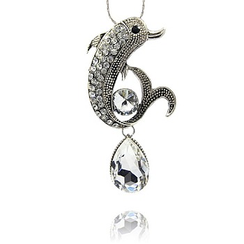 Alloy Rhinestone Pendants, Trendy Pendant Necklace Findings, Dolphin with Teardrop, Antique Silver, 92x47x3mm, Hole: 7mm