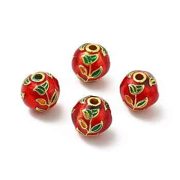 Alloy Beads, with Enamel, Golden, Round with Leaf, Red, 9mm, Hole: 1.8mm