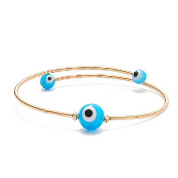 Lampwork Round with Evil Eye Beaded Cuff Bangle, Gold Plated Copper Torque Bangle for Women, Deep Sky Blue, Inner Diameter: 2-1/4 inch(5.6cm)