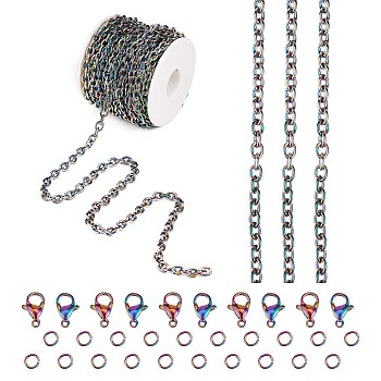 DIY Chain Jewelry Set Making Kit, Including Rainbow Color Ion Plating(IP) 304 Stainless Steel 5M Cable Chains & 10Pcs Clasps & 20Pcs Jump Rings, 1Pc Plastic Spool, Rainbow Color, Cable Chains: 8x6x1.5mm