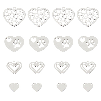 Unicraftale 201 Stainless Steel Pendants, Laser Cut, Hollow, Heart, Stainless Steel Color, 8.5~12x10~20x1mm, Hole: 1.6mm, 16pcs/box