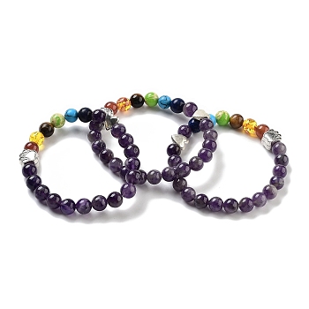 Chakra Round Natural Amethyst Beaded Stretch Bracelets, Paw Print Alloy Bracelets for Women, Inner Diameter: 2 inch(5.2cm)