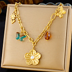 304 Stainless Steel & Glass Butterfly Pendant Bib Necklaces for Women, Golden, Flower, 18.50 inch(47cm), Pendant: 22x22mm(FS-WG17725-02)