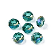 Transparent Glass European Beads, Large Hole Beads, AB Color Plated, Faceted, Rondelle, Teal, 13~14x7.5~8mm, Hole: 5.5~6mm(GPDL-N005-D14mm-A10)