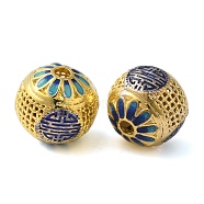 Rack Plating Brass Enamel Beads, Long-Lasting Plated, Cadmium Free & Lead Free, Round with Flower Pattern, Real 18K Gold Plated, 14.5mm, Hole: 2.5mm(KK-P276-22C-G)