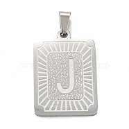 304 Stainless Steel Pendants, Rectangle with Alphabet, Letter.J, 30x20x1.5mm, Hole: 3x6mm(STAS-K216-48J-P)