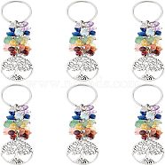 6Pcs Natural Gemstone Keychain, with Brass Findings, Flat Round with Tree, 88mm, Pendant: 28.5x25x2mm(KEYC-FH0001-14)