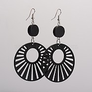 Trendy Flat Round Wood Dangle Earrings, with Platinum Plated Iron Earring Hooks, Black, 90.5x49mm, Pin: 0.8mm(EJEW-F0090-12C)
