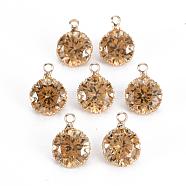 Glass Charms, with Golden Tone Brass Findings, Faceted, Flat Round, Goldenrod, 13.5x10.5x5.5mm, Hole: 1.8mm(GLAA-Q088-007)