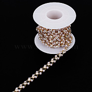 Alloy Ring Link Chains, with Clear Cubic Zirconia and Resin Pearl Beaded, Unwelded, with Spool, Golden, 6.5~7x3.5mm, about 6.56 Feet(2m)/Roll(LCHA-WH0001-02)