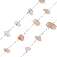 Handmade Natural Rose Quartz Chip Beads Chain, with 304 Stainless Steel Paperclip Chains, Soldered, with Spool, Stainless Steel Color, 5.5~10x2.5~5x2~3mm(CHS-H028-06A-06)