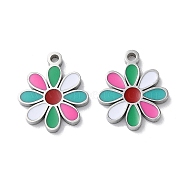 304 Stainless Steel Charms, with Enamel, Flower Charm, Stainless Steel Color, 13x11x1.5mm, Hole: 1.2mm(STAS-C083-14P-02)