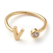 Brass Micro Pave Clear Cubic Zirconia Cuff Rings, Open Rings, Long-Lasting Plated, Real 18K Gold Plated, Letter V, US Size 6, Inner Diameter: 17mm(RJEW-Z005-V-G)