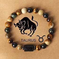 Twelve Constellations Natural Tiger Eye & Picture Jasper & Rhyolite Jasper Round & Column Beaded Stretch Bracelets for Women Men, with Gift Card, Taurus, 2-3/8 inch(6cm)(WG6FA5D-04)