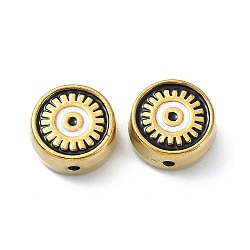 Ion Plating(IP) 304 Stainless Steel Enamel Beads, Real 18K Gold Plated, Flat Round with Evil Eye, Black, 12x5.5mm, Hole: 1.5mm(STAS-Q318-13C)