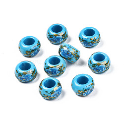Flower Printed Opaque Acrylic Rondelle Beads, Large Hole Beads, Deep Sky Blue, 15x9mm, Hole: 7mm(SACR-S305-27-C02)